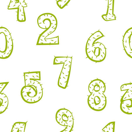 Cartoon cactus numbers seamless pattern, texture spiny silhouettes figures for game ui. Vector illustration natural background for wallpaper, mathematical elements for design.のイラスト素材