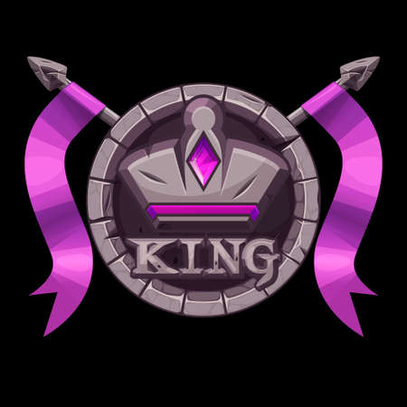 Gui stone KING app icon, round rock crown with spears for ui games. Vector illustration royal banner with purple ribbons for graphic design.のイラスト素材