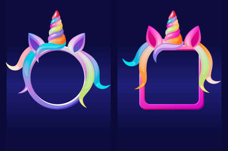 Unicorns frames, cartoon round and square avatars for graphic design.のイラスト素材