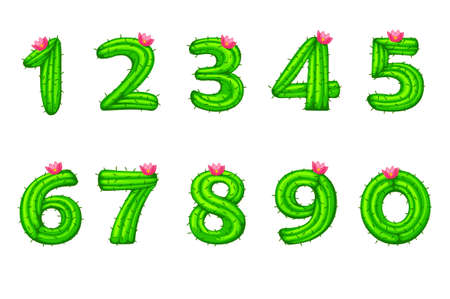 Cartoon cactus with flower font kids numbers for school ui. Vector illustration set of green nature figures of plants.のイラスト素材