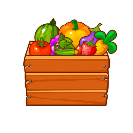 Wooden box with vegetables and berries for game ui.のイラスト素材