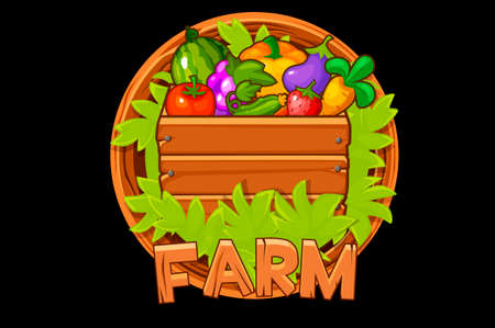 Wooden logo farm with berries and vegetables in a box for UI. Vector illustration banner with bush and round frame for the game.のイラスト素材