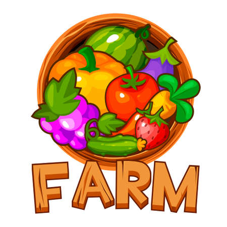 Wooden logo farm with berries and vegetables for UI. Vector illustration designer banner with lettering for the game.のイラスト素材