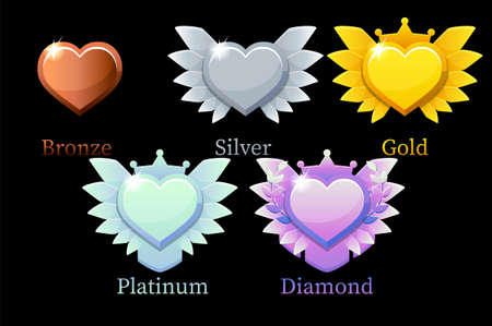 Rewards, gold, silver, platinum, bronze, diamond heart for game.のイラスト素材