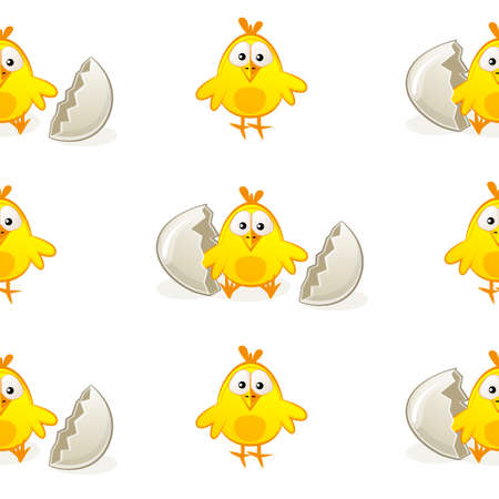 Seamless pattern chickens from eggs on white background.のイラスト素材