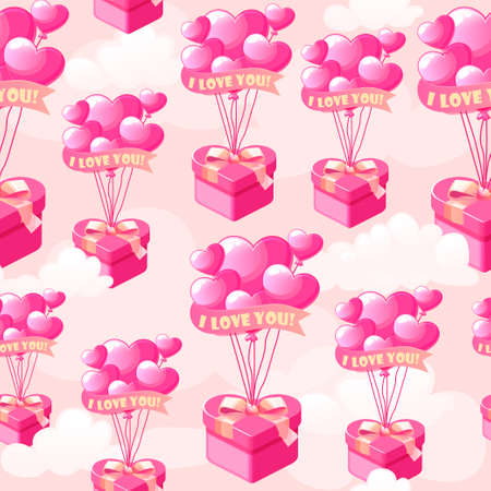 Seamless pattern bunch pink heart-shaped balloons with gift box for Valentines Day.のイラスト素材