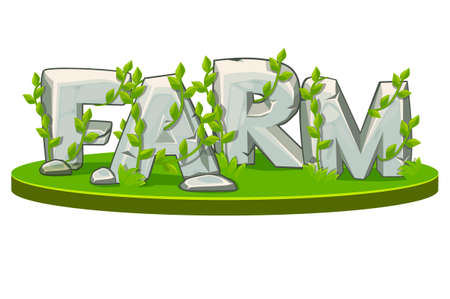 Cartoon design farm from stone on island isometric with grass.のイラスト素材