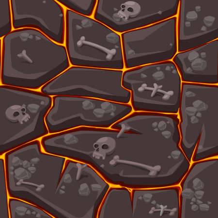 Seamless ground pattern with lava, bones and skulls with fire texture.のイラスト素材