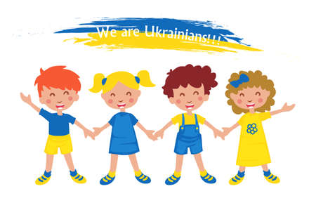 Ukrainian girls and boys in the colors of the flag of Ukraine. Children characters holding hands, support and peace in Ukraine.のイラスト素材