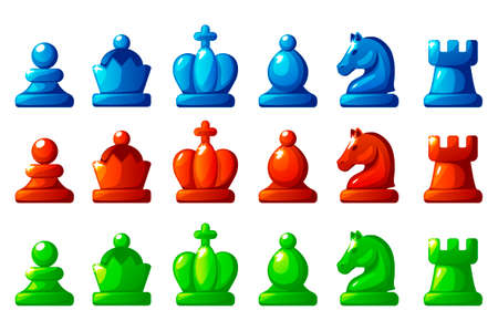 Set of colored chess figures. Blue, red and green set chess figuresのイラスト素材