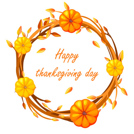 Happy thanksgiving. Decorative circle wreath with branches and pumpkinsのイラスト素材