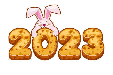 Biskvit cookies with 2023 and rabbit. New Year 2023, Greeting card template
