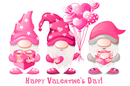Cute Valentines gnomes with gifts. Happy Valentines Dayのイラスト素材