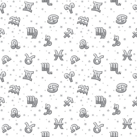 Background with silver signs of the zodiac. Astrology seamless pattern with zodiac signsのイラスト素材