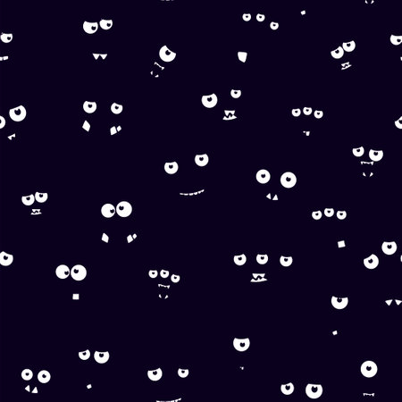 Black background with eyes. Seamless vector pattern. Cartoon emoticon faces in nightのイラスト素材