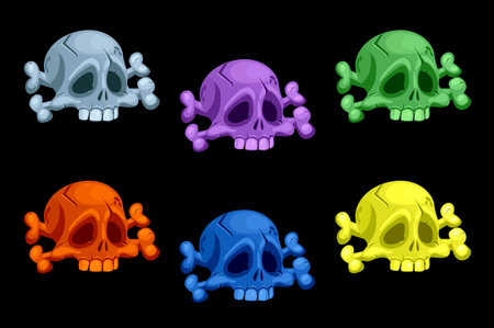 Colored human skulls and crossbones. Roger symbols. Pirate scull icons.のイラスト素材