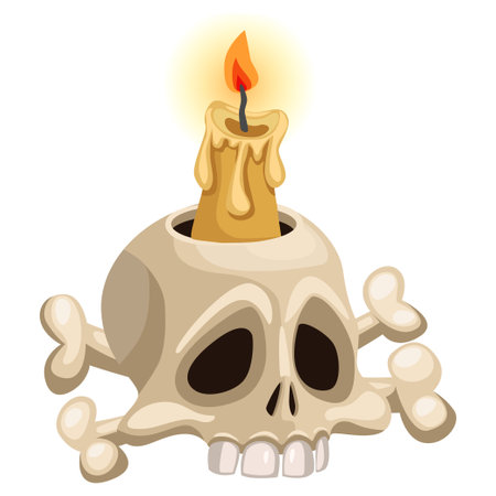 Skull candle. Human skull with a candle. Halloween symbol. Human skull candlestick. Vector cartoon isolatedのイラスト素材