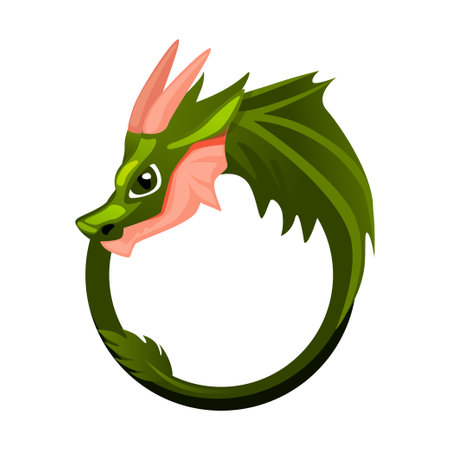 Green frame Dragon, round animal template for game. Cartoon empty Dragon frame with heard and wingsのイラスト素材