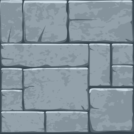 Cartoon stone pavement seamless pattern, brick wall texture, cracked rock paver. Blocks background, ancient old mosaic.のイラスト素材