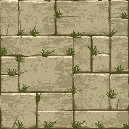 Cartoon stone pavement seamless pattern, brick wall texture, cracked rock paver on grass.のイラスト素材