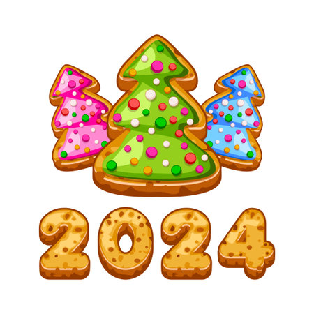 Christmas tree and 2024 text in gingerbread cookie style. New Year, sweet, dessert. Winter holiday theme.のイラスト素材