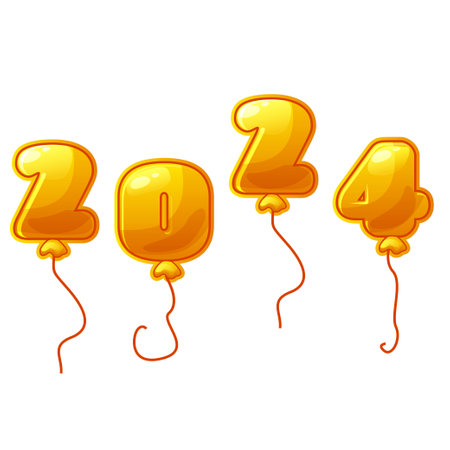 Gold balloon number 2024 new year, isolated vector. Golden holiday party decoration. Cartoon balloon shiny fontのイラスト素材