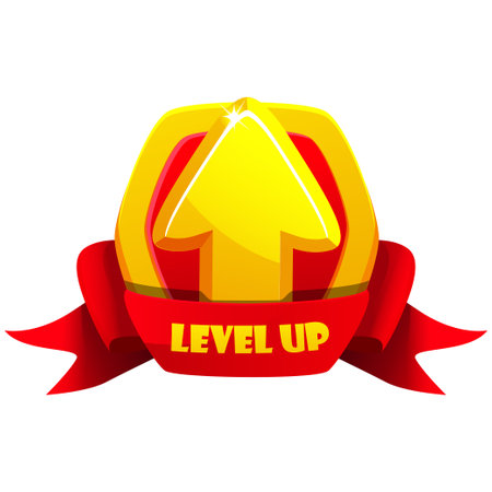 Game level up badge icon. Vector bonus rank reward emblem with golden raising arrow, award ribbon, and shield.のイラスト素材