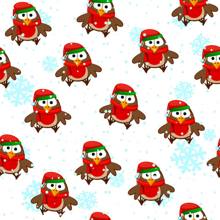 Seamless pattern with bullfinches and snowのイラスト素材