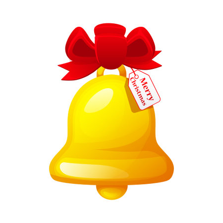 Golden metal bell with red bow isolated on a white background.のイラスト素材
