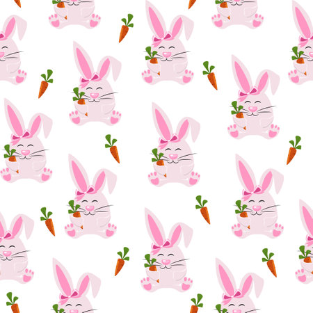 Happy Easter, Cartoon Rabbit with carrot. Flat Cartoon Styleのイラスト素材