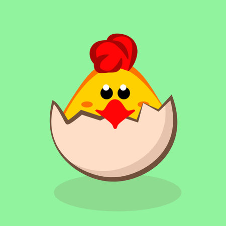 Chicken baby peeking out of the cracked egg. Cute chick. Vector illustration isolated on a green backgroundのイラスト素材