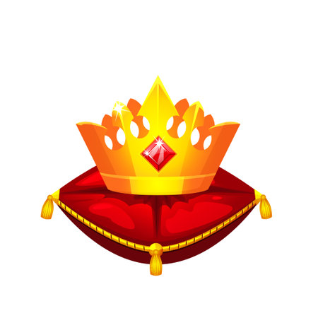 Royal Golden Crown on Red Velvet Pillow. Vector illustrationのイラスト素材