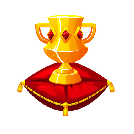 Royal Golden Cup on Red Velvet Pillow, vector icon. Trophy award cup, the gold prize champion wins victoryのイラスト素材