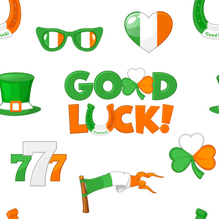 Seamless pattern with Symbols in the colors of the Irish flag for St. Patricks Dayのイラスト素材