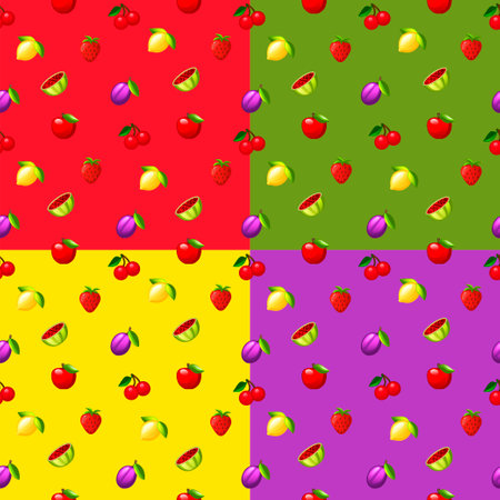 Set of Summer seamless patterns with fruits and berries.