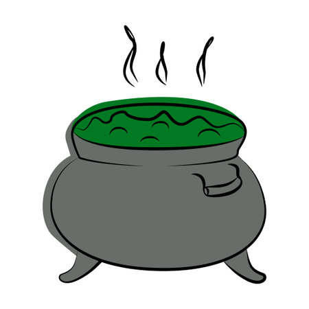 Halloween witches cauldron with a potion. Isolated icon of magical and pot. Flat or line styleのイラスト素材
