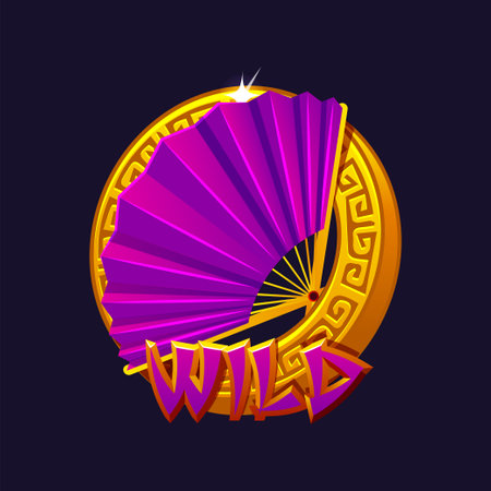 Slots icon-Wild, Chinese folding fan in a golden frame. Vector symbol for 2D Games and Casino or Slots. Graphic elements for the development of slot machines or banners for online casinosのイラスト素材