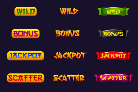 Set of Slot Word - Win, Scatter, Wild, Bonus, and Jackpot. Chinese Style Icons for 2D Games and Casino or Slotsのイラスト素材