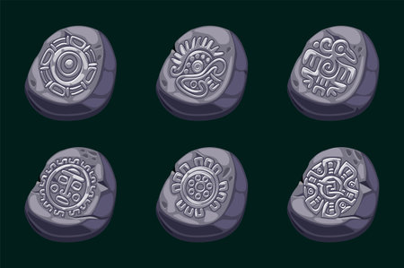 Vector stone with Aztec symbols, hieroglyphs of the Maya calendar. Symbols for your 2D games or slotsのイラスト素材