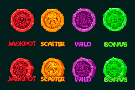 Vector design of symbols of ancient Aztec Civilization, colored hieroglyphs of the Maya calendar. Jackpot, Bonus, Wild and Scatter icons for your slotsのイラスト素材