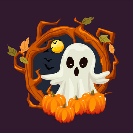 Cute funny cartoon ghost with pumpkins and wood wreath. Vector illustration for your design or greeting cards. Decorative element for Halloweenのイラスト素材