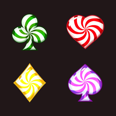 Set of playing card symbols like lollipops or cady for your game and slot machines. Colored candy playing card symbols- clubs, diamonds , hearts and spadesのイラスト素材