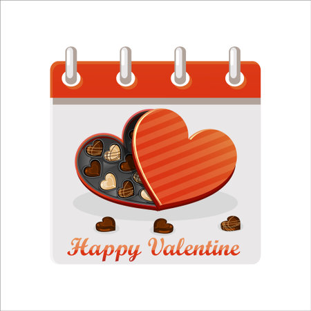 Calendar for Happy Valentine Day with illustration of chocolates in heart shape box. Chocolates boxのイラスト素材