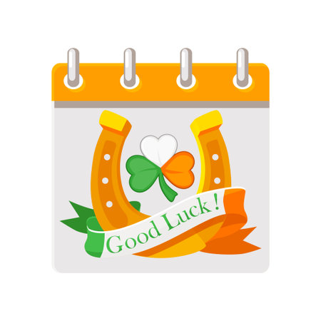 Calendar with lucky symbols. Horseshoe, ribbon and clover or shamrock in Irish flag colors for your postcard, sticker, design, print or invitationのイラスト素材