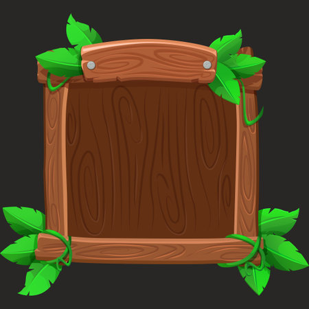 Cartoon Wooden frame or border for game UI. Plank and panel for 2D game interface design and UI element with jungle leavesのイラスト素材