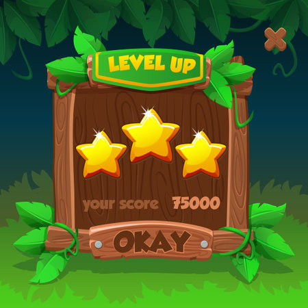 Cartoon Wooden Level UP menu or border for game UI. Plank and panel for 2D game interface design and UI element with leaves on jungle backgroundのイラスト素材