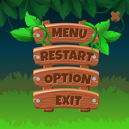 Wooden game Menu UI with buttons-Restart, Option and exit. Game interface buttons in cartoon style with jungle style backgroundのイラスト素材