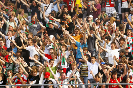 Moscow, Russia - July 27,2008 - Spectators in the stands  during a soccer match between  Lokomotiv  vs  Moscow  , July 27,2008 in Moscowのeditorial素材