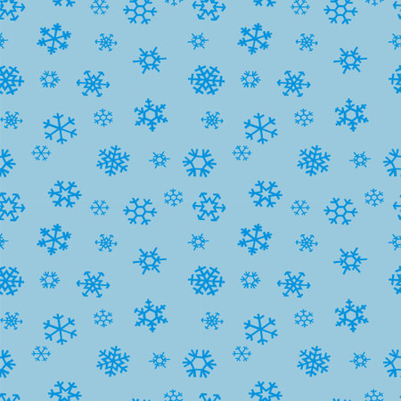 Seamless pattern with snowflakes on a blue background. Flat snow icons, cute snowflakes repeat wallpaper. Traditional New Year's ornament.のイラスト素材