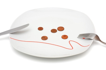 Concept of no money for food with coins and plateの写真素材